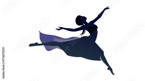 Elegant female dancer captured mid-spin, graceful pose, minimalist silhouette style, flowing dress, artistic composition, isolated on white background .vector icon
