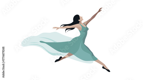Elegant female dancer captured mid-spin, graceful pose, minimalist silhouette style, flowing dress, artistic composition, isolated on white background .vector icon
