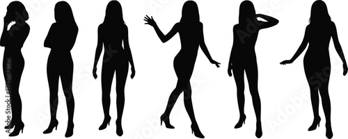 Silhouette vector of six standing female figures in high heels with varied poses, gestures, fashion stances and body language