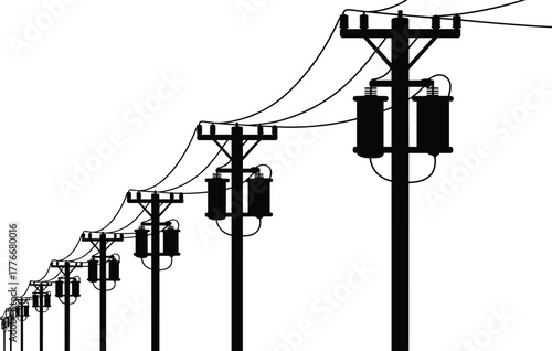 Silhouette vector of utility poles with electrical transformers, insulators, power lines and perspective view of electricity distribution infrastructure