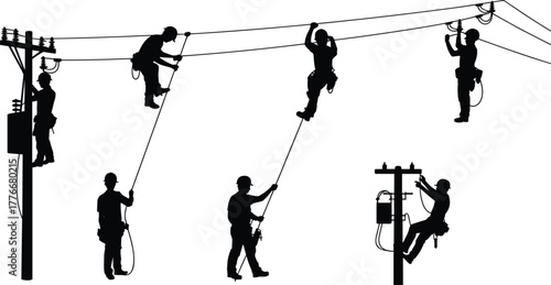 Silhouette vector of utility workers on power lines and poles with safety harnesses, climbing gear, maintenance and electrical infrastructure tasks