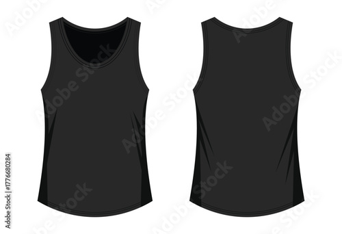 Black sleeveless tank top mockup vector. Front and back view, Technical flat fashion template for boys and men’s apparel.