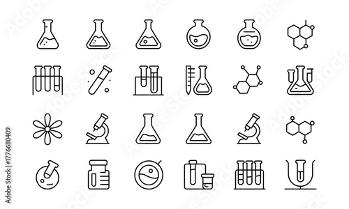 Collection of hand drawn scientific laboratory icons featuring beakers flasks microscopes molecules and test tubes illustrating chemistry and biology research concepts