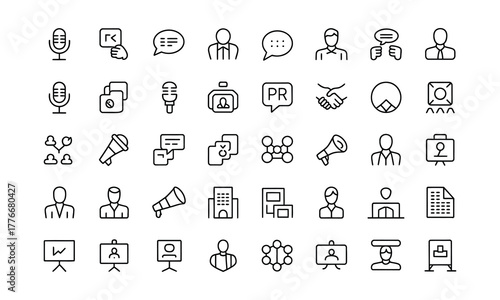 Collection of hand drawn sketch style icons representing communication business people technology and concepts on a white background