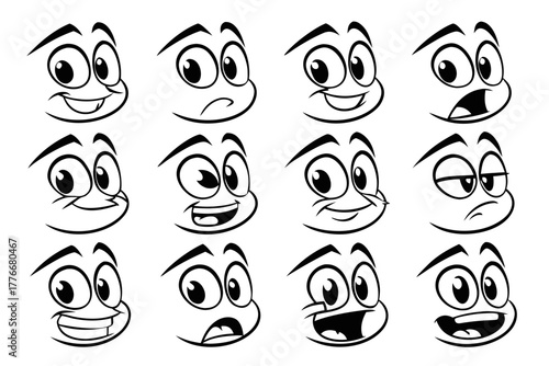 Cartoon retro faces. Vintage emotional face with mascot characters funny faces , eyes and mouths elements  