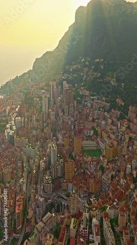  Aerial view of famous a small country Monaco on Mediterranean Sea, modern high-rise buildings, Monte Carlo, Monaco