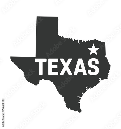 Texas state silhouette with star and text