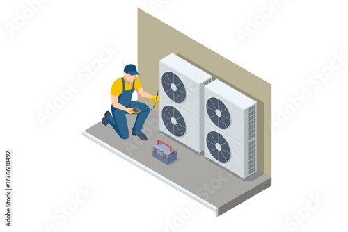 Isometric industrial air conditioning system with ventilation fans. Concept of HVAC technology, energy, and climate control. Technician with HVAC system