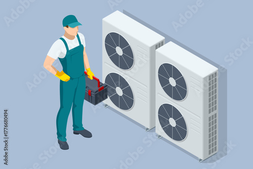 Isometric industrial air conditioning system with ventilation fans. Concept of HVAC technology, energy, and climate control. Technician with HVAC system