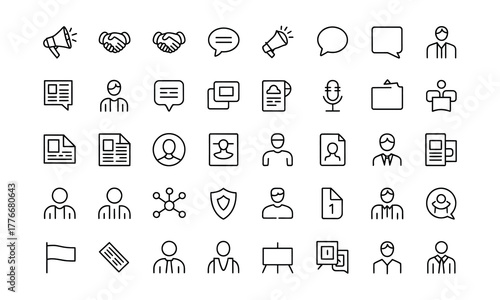 Collection of hand drawn business and communication icons representing diverse concepts such as collaboration ideas documents and people in a simple sketch style