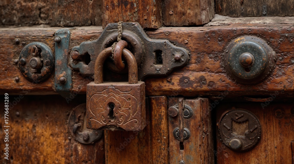 Fototapeta premium Rustic vintage wooden door with antique iron padlock and weathered texture