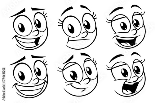 Cartoon retro faces. Vintage emotional face with mascot characters funny faces , eyes and mouths elements  