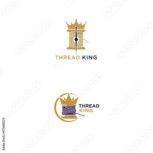 Elegant logo designs for sewing or fashion brand, featuring a crown, thread spool, and needle for a luxurious and regal crafting business identity
