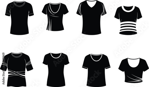 Collection of eight black t shirts with various necklines and styles displayed in a grid pattern