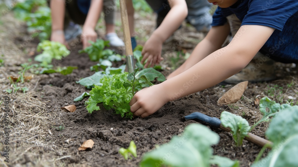 Fototapeta premium Gardening Together: A group of children diligently tending a vegetable garden, their hands carefully nurturing young plants amidst rich soil, emphasizing growth and environmental care.