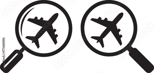 Two magnifying glasses inspecting airplane silhouettes