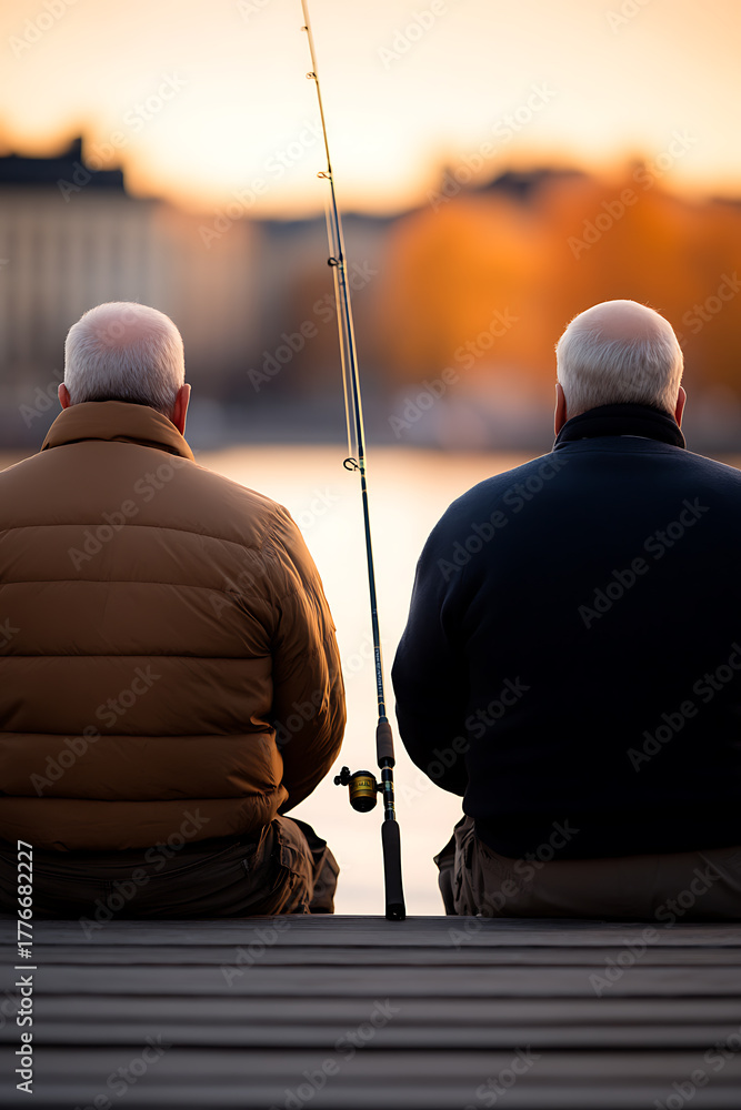 Fototapeta premium Two anglers share a serene sunset, casting lines in peaceful waters. A quiet fishing scene shows calm companionship, patience, and reflection on the dock.