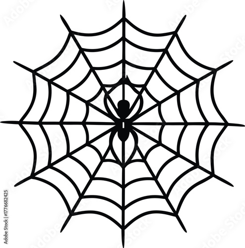 Spider web with spider sketch line art vector illustration