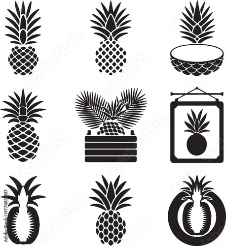 Pineapple Tropical Fruit Silhouette Vector Illustration Set Exotic Healthy Sweet Summer Food Nature Graphic Design