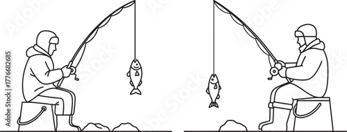 Two fishermen catching fish silhouette