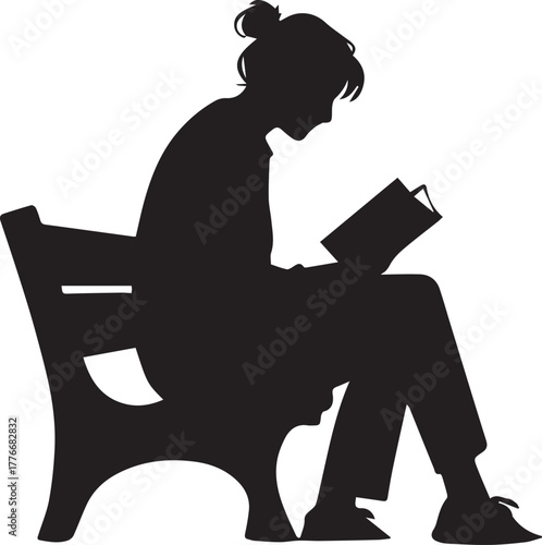 Silhouette of Person Reading Book On Bench With Lake and Sunset Illustration on Transparent Background