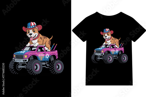  Cute Pitbull Dog Wearing Patriotic Hat on a Hanukkah-Themed Pickup Monster truck