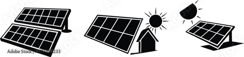 Collection of stylized solar panels and sun icons representing renewable energy and sustainability concepts
