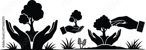 Hands nurturing growing trees symbolizing environmental protection and sustainable growth