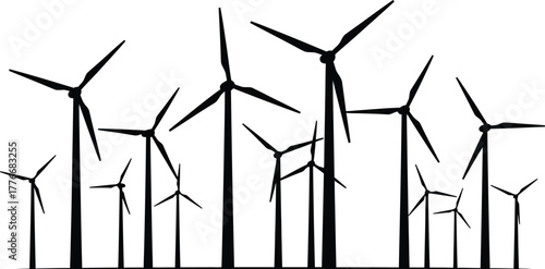 A collection of wind turbines in a field creating a silhouette against a white background with a hand drawn sketchy style