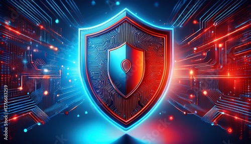 a red and blue security shield with a circuit board design cybersecurity defense versus attack concept a digital firewall protecting a computer network from online threats and malware