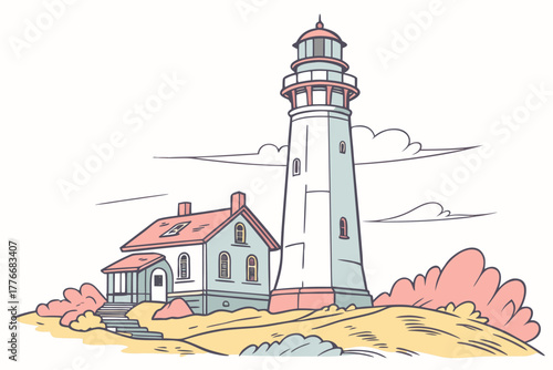 Retro vintage lighthouse illustration with nautical elements