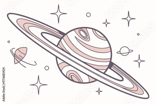 Retro vintage planet illustration with space elements