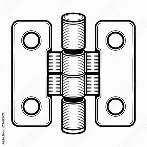 Detailed Black and White Illustration of a Hinged Door or Cabinet Fixture Hardware Element for Construction Needs