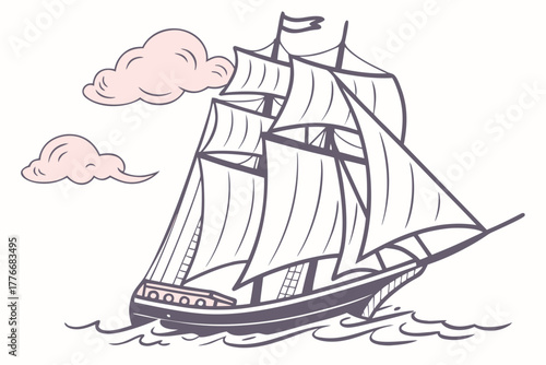Retro vintage sailing ship illustration with nautical elements