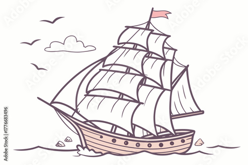 Retro vintage sailing ship illustration with nautical elements