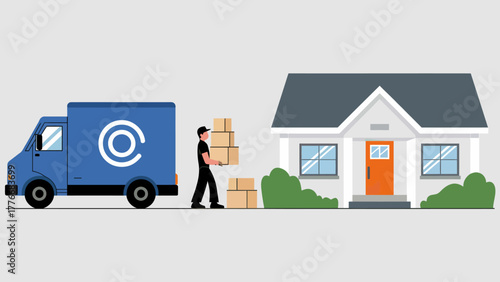 Delivery service bringing boxes to a house with a blue truck representing efficient and reliable moving solutions for residential customers
