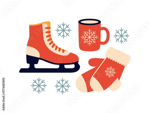 A pair of red ice skates, a mug, and mittens are shown with snowflakes.
