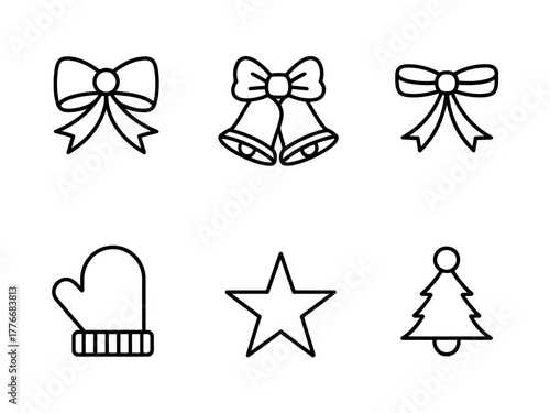 A set of six simple outline icons representing Christmas ornaments and winter items.