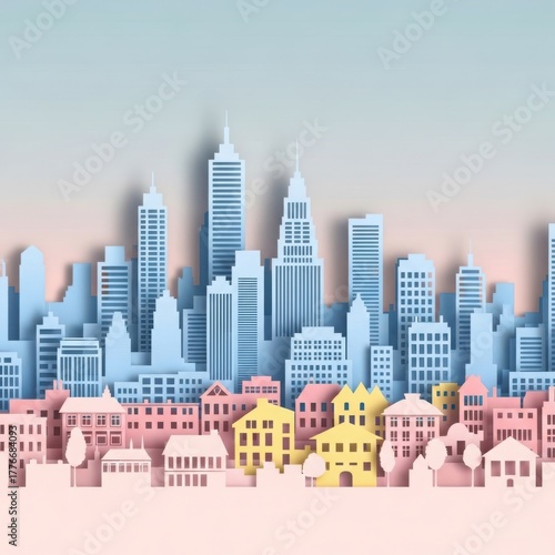Paper cut cityscape with colorful buildings and a gradient sky