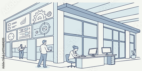 Office interior design for business analytics team with dashboard and computer workstation layout concept 100