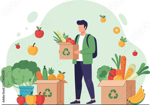 lat vector of a man ordering groceries online, surrounded by fruits, vegetables, and eco-friendly packaging, pastel colors, sustainable shopping concept.