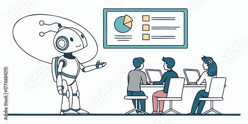 Robot presentation ai automation meeting business technology artificial intelligence team work data analysis