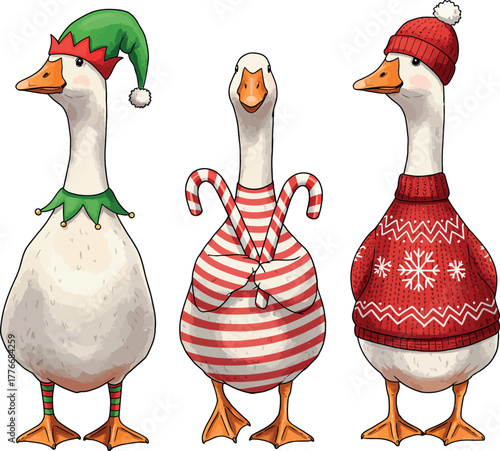 Festive geese in holiday attire, cartoon illustration