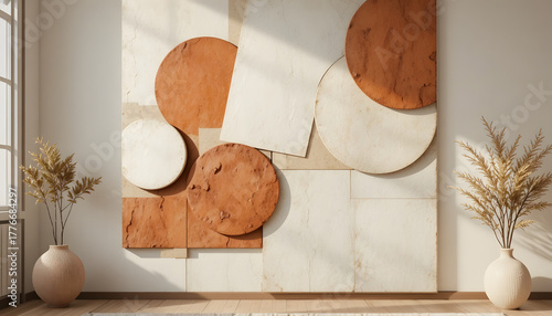 Exquisite abstract geometric wall art featuring terracotta and cream textured circles and squares, perfect for modern interior design.