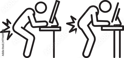 Correct and incorrect posture at computer silhouette
