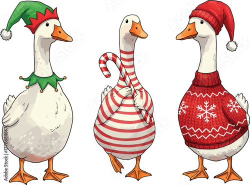 Three festive geese in holiday outfits, cute winter