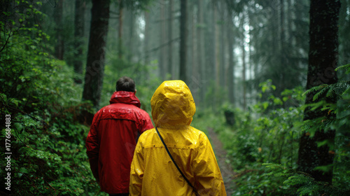 Wallpaper Mural Middle-aged couple explores a vibrant forest amidst light rain Torontodigital.ca