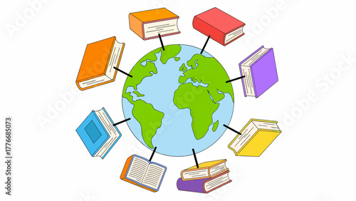 Global Education concept with world globe surrounded by colorful books representing international learning and global knowledge sharing for students and educators worldwide