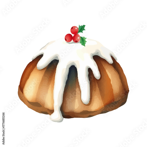 Watercolor illustration of a Christmas pudding with white glaze, decorated with red viburnum berries, hand-drawn in soft warm tones, minimalist style, isolated on white background. Vector