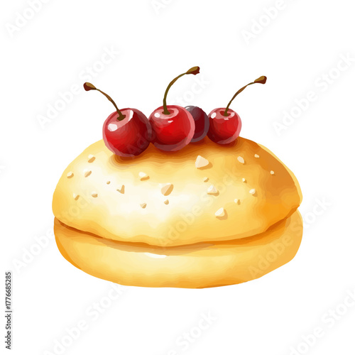 Watercolor illustration of a cheese bun with cherries and sesame seeds, breakfast, snack, hand drawn in soft warm colors, minimalist style, isolated on white background